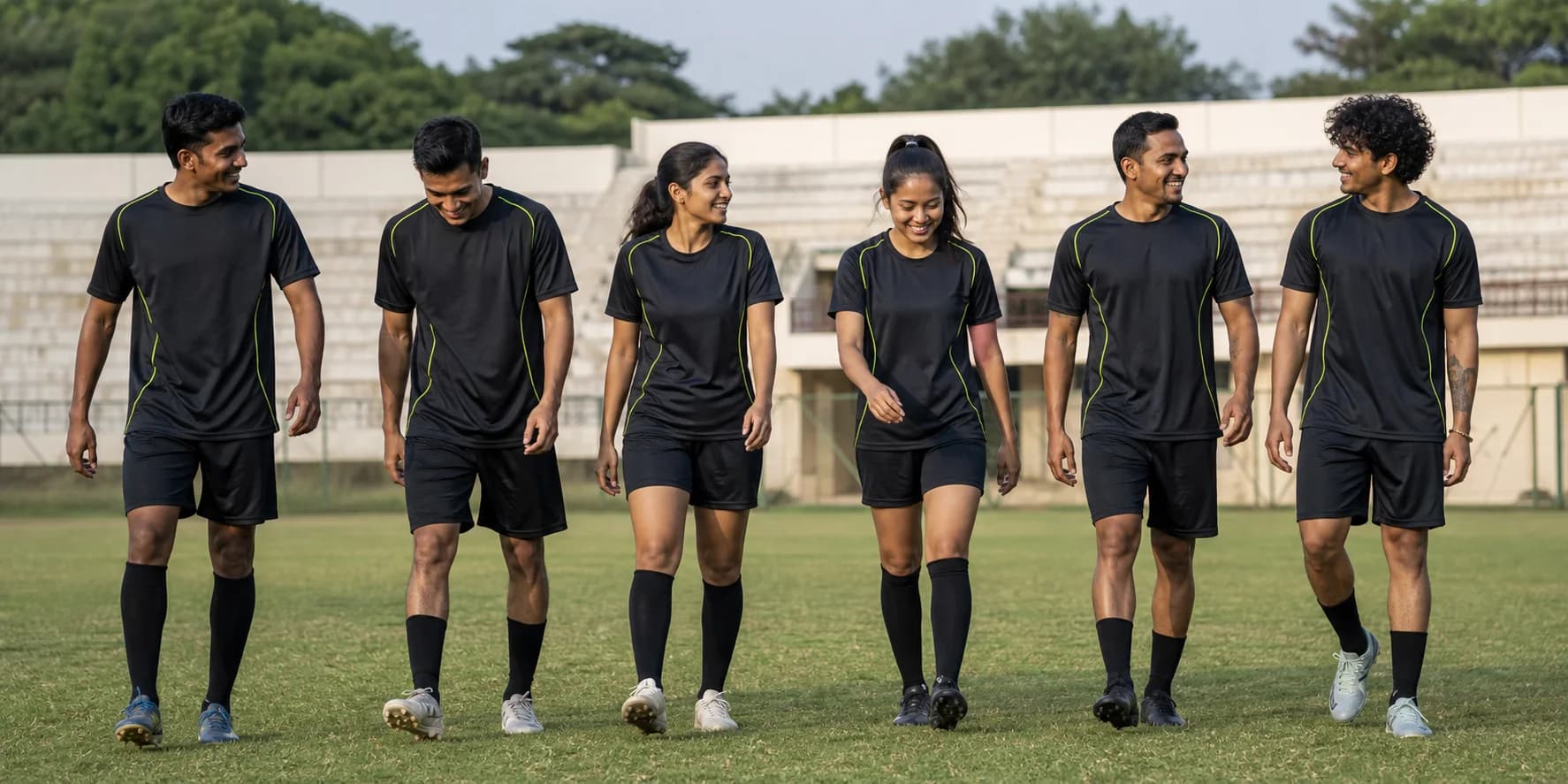 Indian football team walking together in coordinated RUNZA performance kits